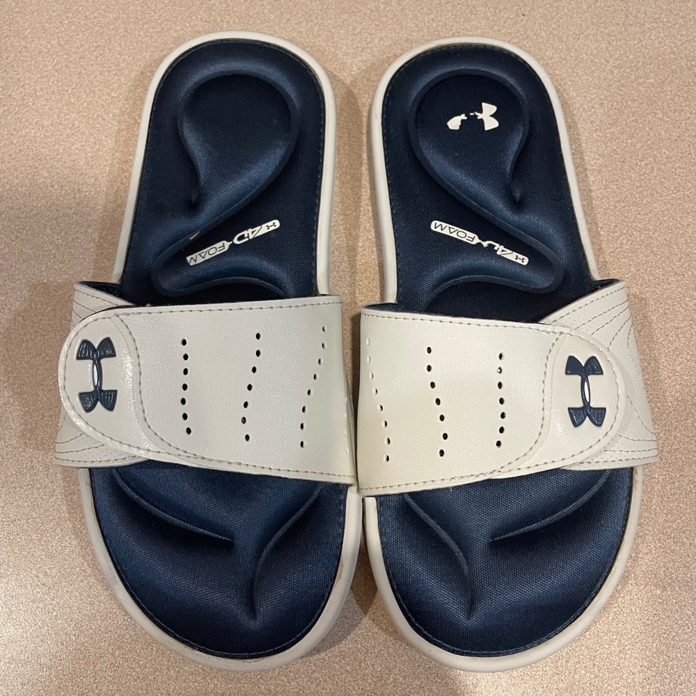 Under Armour Ignite VI Slides White Navy Blue 4D Foam Sandals 3022717-103 Size 6